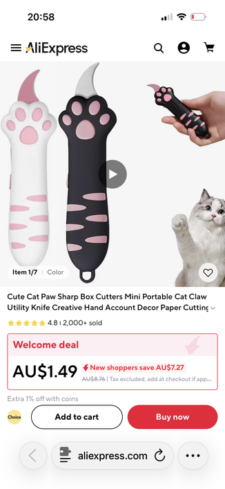 Screenshot of AliExpress product page. It’s a box cutter, the handle is the shape of a cat’s paw with toe beans, and there is a curved blade poking out the top that looks like a cat’s claw