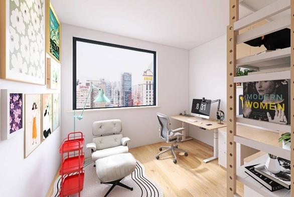 A mockup of how I wanted my office to look like. There would be a huge shelf right in the entrance. A gallery wall on the left alongside a lounge chair (an Eames), a side table and a floor lamp on a beautiful rug. On the other side of the room, my standing desk with my office chair.