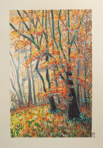 A small landscape artwork in an illustrative style, showing a forest in full autumn colour with a tree in the foreground and a carpet of golden leaves.
An original art work, please note that the frame is not included.
Colour pencil and mixed media on acid free toned artist paper
5 by 7 inches (12.7 by 17.8 cm).