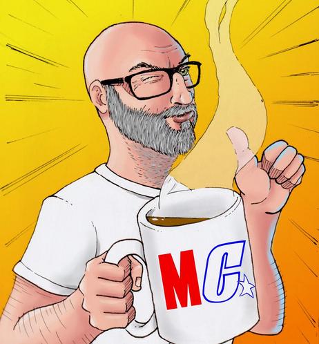 Drawn self portrait of a thin bald man with glasses and a gray beard, holding a mug
