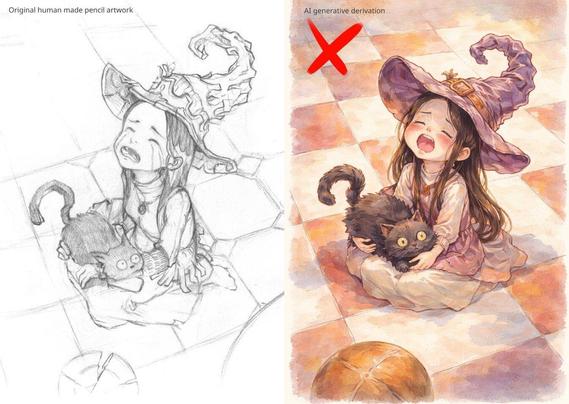 Side by side: on left, a original pencil sketch of a little witch crying with a cat on her lap, one sketch research pre-Pepper&Carrot.  On right; the same sketch AI colored and rendered by someone who sent me the AI 'finished' version derivation of it. One example of what I want to prohibit.