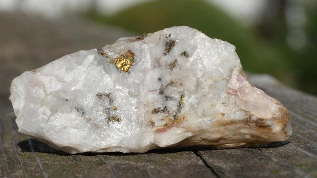 A white piece of rock with a few small specks of golden colour embedded.