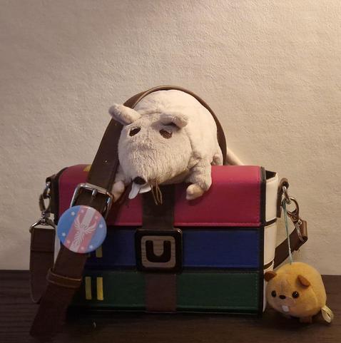 a winrar bag with a rat plushie on top, a trans pin on the strap and a… hamster plushie? next to the other side of the strap