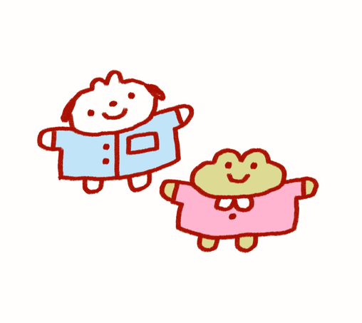 Doodle of momo in a blue shirt and forg in a pink shirt with white collar