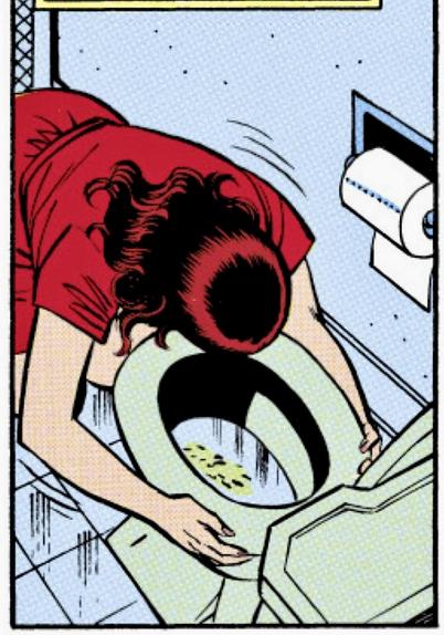 In a bathroom Ms. Tree, on her knees, hugs the sides of the toilet as she shakes and vomits into the bowl.