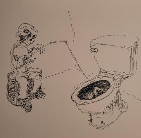 Pen drawing of a skeleton fishing in a toilet. Looks like we got a catch!