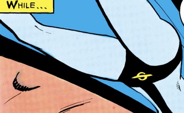 Image mid torso to knees of an upside down Shadow Lass from the Legion of Super Heroes. Narration “While….“
