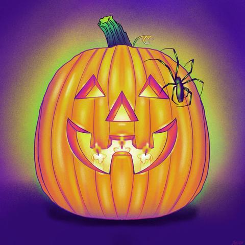 A digital painting of a bright orange pumpkin with three candles burning inside it, a spider crawls up its ridges. The colors are vivid, with purples, pinks, oranges, neon greens, and little white.