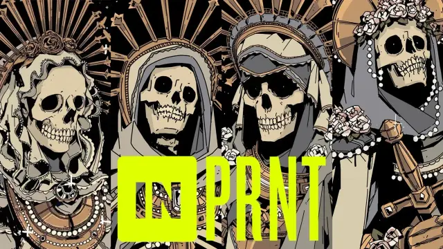 My INPRNT banner, considering of cropped art of the catacomb saints and the INPRNT logo