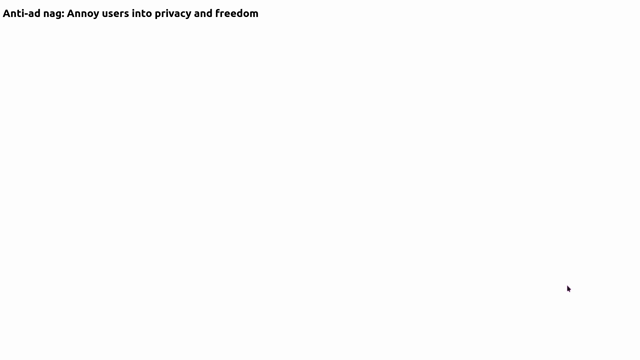 Video that shows a mostly empty web page with the popup nagging the user to install an ad blocker. The popup is in the top-right of the page.