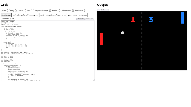 The simple web IDE for the Grace interpreter. On the left is the code section, showing multiple tabs open for the various source files. On the right is the game of Pong that is being played.