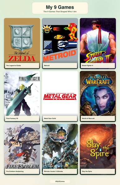 The Legend Of Zelda
Metroid
Street Fighter II
Final Fantasy VII
Metal Gear Solid
World Of Warcraft
Fire Emblem Awakening
Monster Hunter 3 Ultimate
Slay The Spire