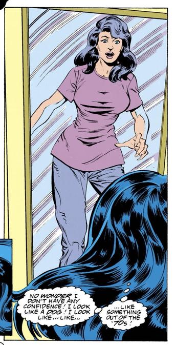 Carol Ferris is alarmed by what she sees in the full length mirror. It's her in a purple-ish t-shirt and purple-ish pants. She thinks, "No WONDER I don't have any confidence! I look like a DOG! I look like...like...like something out of the '70s!