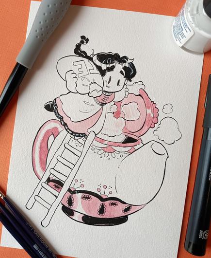 Dibujo de una tetera gigante sobre una superficie plana, rodeado de herramientas de dibujo. Sale una chica (Margarita) subida a una escalera con un saco enorme al hombro que pone TÉ