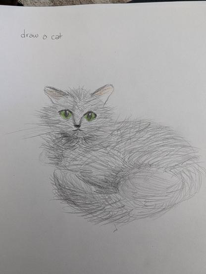 Bad drawing of a fluffy grey cat with green eyes, caption reads "draw a cat"
