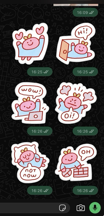 Screenshot of a WhatsApp window filled with 6 stickers of a pack I’m working on featuring the little pink blob I’ve been drawing a bunch lately