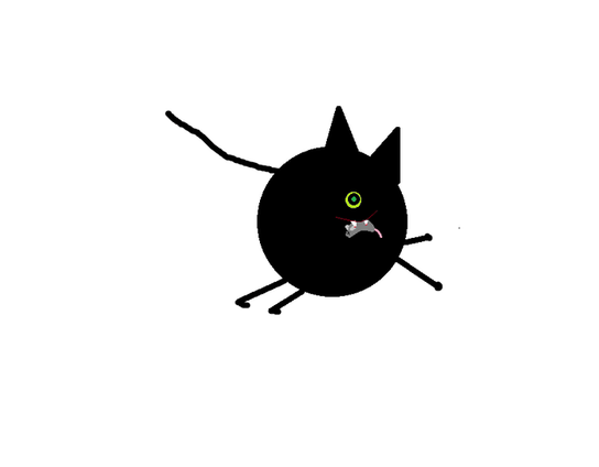 drawn in Paint, a black circle with two triangles for ears, a line for a tail and two lines for legs, a single green eye and a grey blobk that is a mouse held by two pointy white teeth. It's Fury!