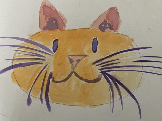 A watercolor of a round orange cat with purple whiskers and eyes. Is very simple.