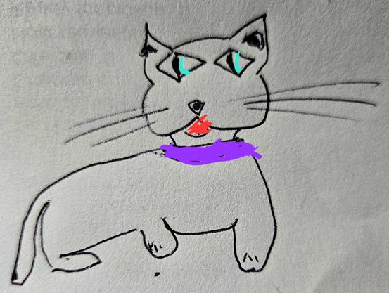 A poorly rendered cat, you'd think was drawn by a child, with a purple collar turquoise eyes, abd a red blep.