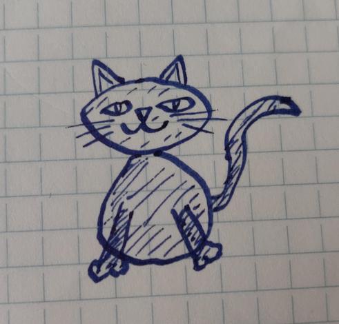 A badly drawn, but hand-drawn, picture of a cat.
Drawn using a stub-nib fountain pen on square grid cream paper.
(For writing nerds: a TWSBI VAC 700R with Diplomat blue ink on Midori MD paper).