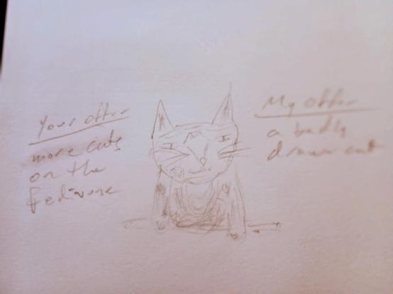 A crude pencil drawing of a cat staring slightly out of frame with one whisker curving up into its eyeline, leaning with its paws on the edge of a table as if negotiating a deal.

Text on either side of the cat says

Your offer: more cats on the Fediverse
My offer: a badly drawn cat