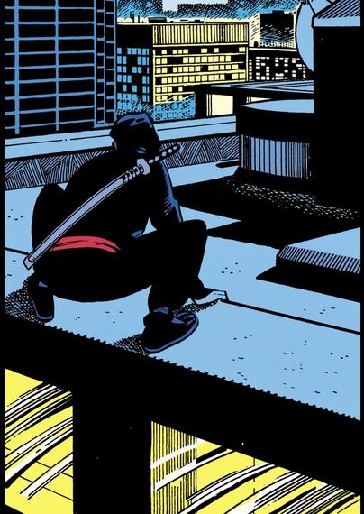 The edge of a high-rise roof in the city at night. Squatting at the edge is a ninja, sword resting on their back.