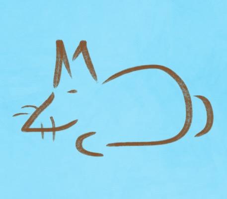 a minimalistic doodle of a curled cat, just a few strokes of brown on a blue background