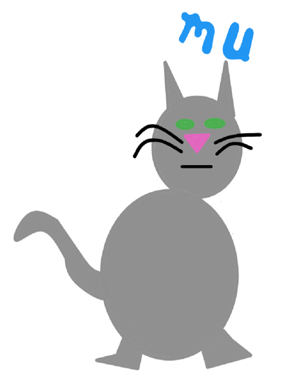 A gray cat composed of 2 circles, a tail and some lines for whiskers and mouth, and green eyes. The cat says "mu".