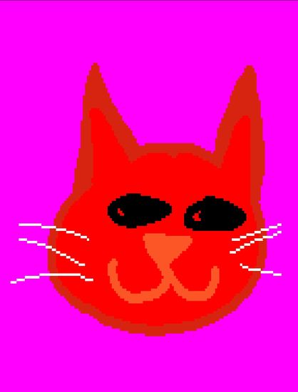 My poorly drawn, pixelated cat head on a pink background.
