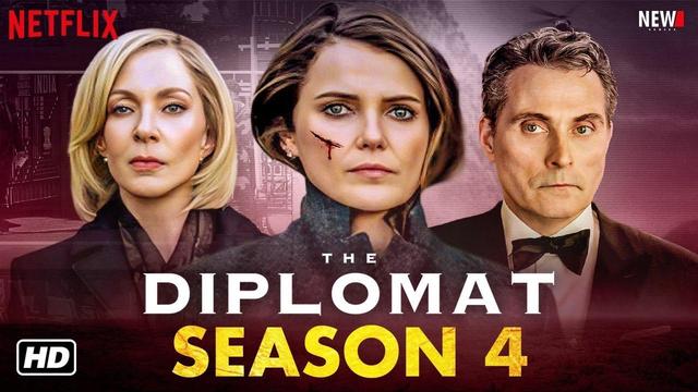 Netflix poster for "The Diplomat Season 4": three faces—blonde woman, scarred woman, man in bow tie—over red cityscape; text below.