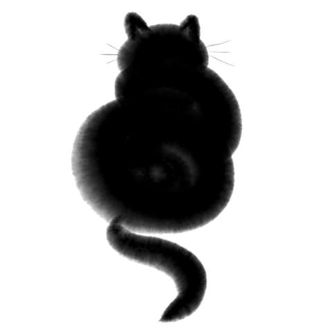 on a white background, a cat made from blank ink blebs. it's sitting and looking away from us; it has a round body and head made of three off-centre blebs, a long tail, and six neat whiskers.