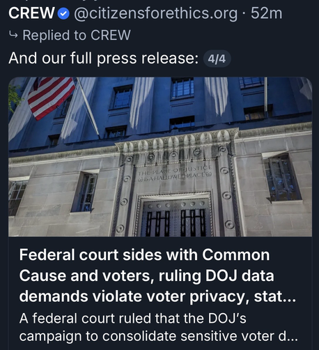 An image of a building with a sign that reads "THE PLACE OF JUSTICE IS A HOLLOW PLACE." The scene features an American flag and showcases the entrance of a federal court, accompanied by text discussing a recent court ruling related to voter privacy and…