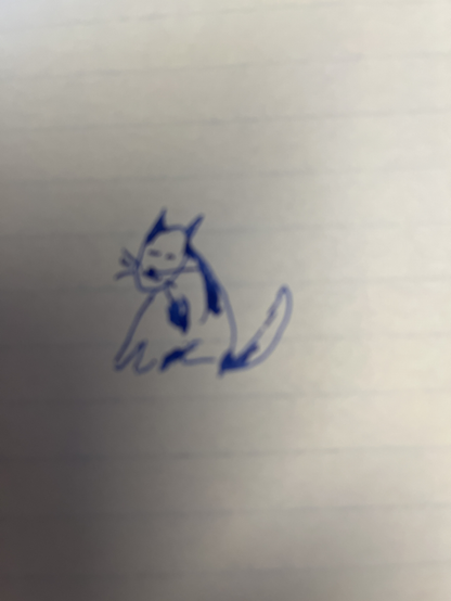 Blue ink sketch of a calico cat drawn poorly on yellow post it paper