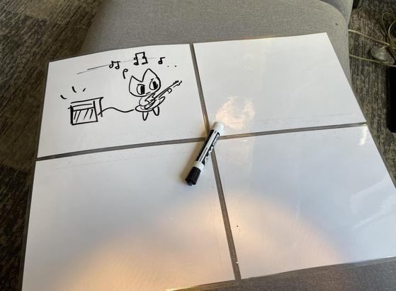 Four letter size laminated white pages connected with clear tape. The top left page has a doodle of a cat playing bass guitar, with some musical notes to indicate a song, drawn in black whiteboard marker, which rests on this "map" at the center for scale. The cat looks focused as they practice.