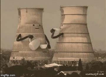 GIF of a pair of cooling towers, like a nuclear power plant would have, being demolished. But someone has drawn animated faces and arms on them to make them look upset and pained