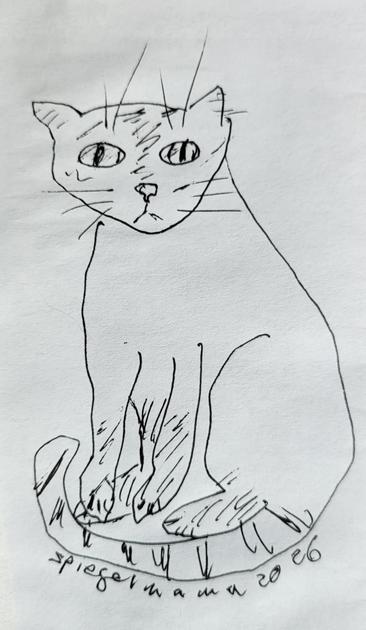 A quite amateur pen sketch of a cat with striped Siamese markings and a teddy bear mouth, looking straight at the viewer with at least one of his eyes. The cat is sitting up like a vase, with all four paws visible and his striped tail wrapping lightly around himself. I have signed this masterpiece "spiegelmama 2026" around his tail.