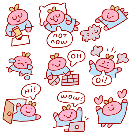 Sheet of sticker doodles of a peculiar pink character wearing a blue shirt and has a green sprout on his round head. Drawn in a bunch of different emotions and activities sometimes with little phrases