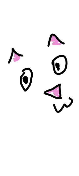 Minimalist cat drawn on white background, pink ears and nose, eyes are giving a characteristic catsalad side eye, the mouth is a lower case w with soft corners