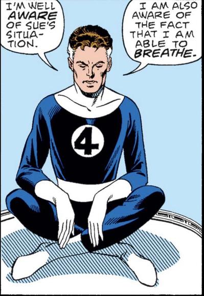 Light blue background. A serene Mister Fantastic sits legs crossed on a white disk that looks like a drum skin. He says, "I'm well AWARE of Sue's situation. I am also aware of the fact that I am able to BREATHE."