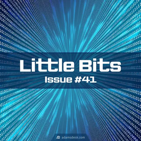 A perspective view between two walls of white binary text with a blue background that has an explosion in the middle coming towards the viewer sits large bold text that reads, 'Little Bits Issue #41'.