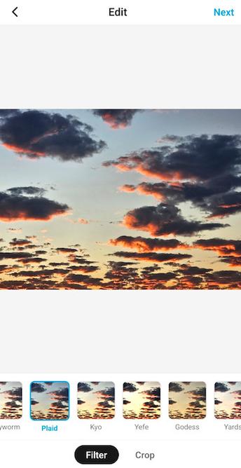 Screenshot of new Pixelfed app, showing me playing with the colors of a pretty sunset, thanks to the Insta filters!