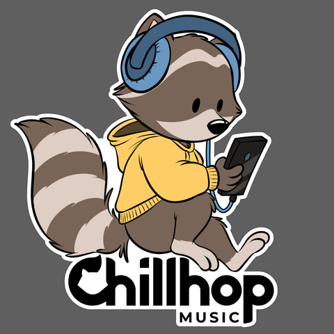 Sticker design for Chillhop. The Chillhop raccoon sitting on top of the Chillhop logo, looking at a phone while listening to music on headphones