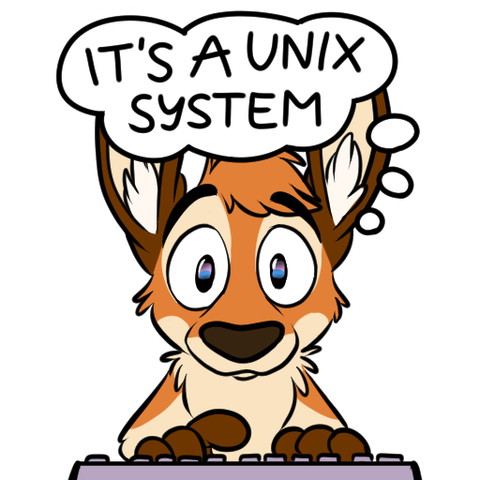 Sticker design of Karpour (cartoon kangaroo) in front of a keyboard, staring at the viewer, above him a thought bubble: "It's a UNIX system"