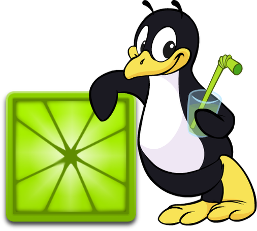 Logo for Jlime. A penguin leaning on a big square lime slice, holding a gladd of lemonade.