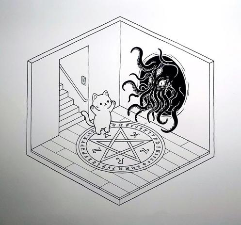 A high contrast cartoon in the cosy kawaii style of an isometric basement with a pentagram, magic circle, and sigils painted on the floor. An innocent looking cartoon cat raises its paws in a summoning gesture. A tentacle headed monster with three eyes is emerging from a swirling black void portal in one wall.