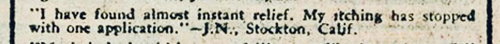 An endorsement from a vintage comic book ad: "I have found almost instant relief. My itching has stopped with one application." --J.N., Stockton, Calif."
