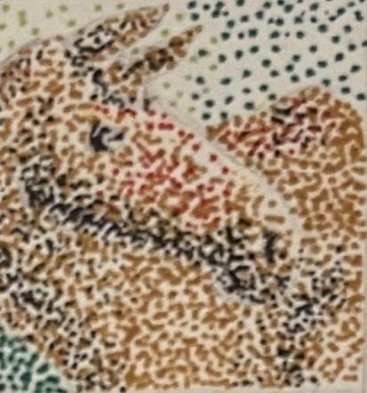 1-inch square pointillism of a moose with no antlers, head turned, looking to its rear.