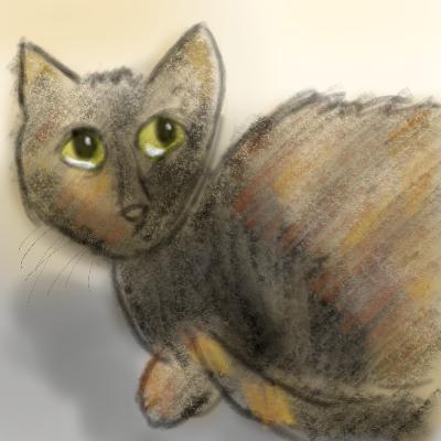A tortie cat drawn in krita ... Playing with all the brushes and settings as I went so it's less than cohesive in style.  Appears to be in a color pencil digital style.  Its head is on the left looking to the right.  Only one paw can be seen and its tail is curled around its body by its paw.