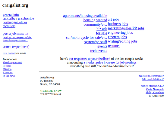 Screenshot of Craigslist in 1999