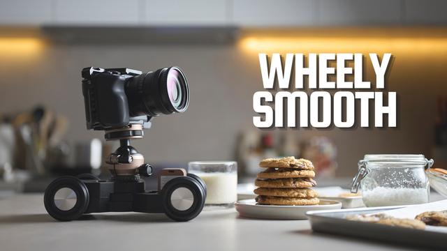 Thumbnail for my video with a camera on the mini-dolly, and a stack of cookies. The title for the thumbnail is "Wheely Smooth".